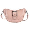 Borsa hobo rosa vintage con finitura lucida e grande fibbia argentata, vista frontale - Rosa