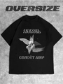 Detail eines schwarzen Oversize Baumwoll-T-Shirts mit Tauben-Print und russischem Text - S / Taube Russischer Druck (Schwarz A69)