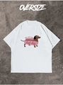 Detailed flat lay of white oversize cotton t-shirt with hot dog dachshund print - S / White