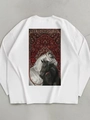Dettaglio della stampa artistica con cavalli su felpa in cotone bianco e motivo vintage - 3XL / Bianco