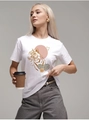 Nahaufnahme eines weißen Baumwoll-T-Shirts mit Tiger- und tropischem Blatt-Brustaufdruck - S / Weiß