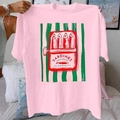 Women's pink cotton T-shirt featuring a vintage sardine tin print with green stripes - Pink