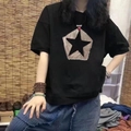 T-shirt ample en coton noir avec patchwork d'étoiles et détail de perle rouge d'été - 3XL / Noir