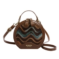 Vintage retro embroidered round crossbody bag with brown leather trim and wavy tweed texture - Brown