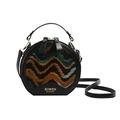 Fashionable round cross-body bag with black leather trim and colorful wave pattern - Black