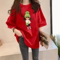 T-shirt rossa oversize in cotone da donna con stampa bambola e girocollo casual - 3XL / Rosso
