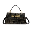 Sac à main Kelly classique en cuir noir à motif crocodile avec garniture dorée chic - Noir