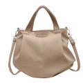 Minimalist beige canvas tote bag with leather logo patch and adjustable shoulder strap - Khaki