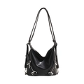 Minimalistische schwarze Hobo-Tasche für Damen mit zwei Riemen und Silberbeschlägen - Schwarz