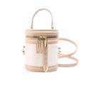 Bolso cilíndrico de mano en rosa y blanco con textura ondulada y detalles dorados - Caqui