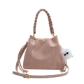 Pink pleated leather bucket bag with braided handle and plush charm for women - Pink
