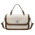 Chic quilted beige crossbody bag with brown leather trim and silver metal turn-lock - White & Coffee