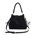 Black bucket bag with pleated texture, woven handle, and white plush charm detail - Black