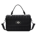 Classic black quilted crossbody bag with silver lock and grainy leather textures - Black
