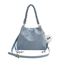 Light blue PU leather bucket bag with braided handle and plush eye charm detail - Blue