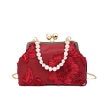 Rote Vintage-Handtasche aus Satin mit 3D-Blumenstickerei und Perlenhenkel - Burgunderrot