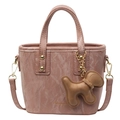 Pink marble texture faux leather bucket bag with dual handles and puppy charm - With Pendant / Pink
