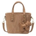 Khaki pleated faux leather bucket bag with top handles and a cute dog charm accessory - With Pendant / Khaki