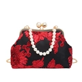Elegant black evening clutch with red floral embroidery, pearl handle, and gold chain - Black with Red