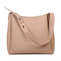 Borsa tote minimalista in morbida pelle beige con tracolla larga e borchie argento - Cachi