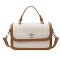 Beige quilted crossbody bag with brown trim and silver twist lock in a chic contrast design - White and Brown