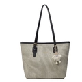 Vintage textured large capacity tote bag in grey-green with plush charm and black straps - With Pendant / Gray