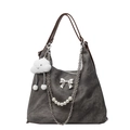 Graue Canvas-Tasche mit silberner Schleife, Plüsch-Anhänger und Perlenkette - Mit Anhänger / Dunkelbraun