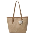 Light brown large tote bag with dark straps and cute plush charm in vintage fashion style - With Pendant / Khaki