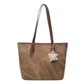 Vintage brown leather tote bag with gold lettering and a cute plush monster charm - With Pendant / Brown