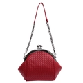 Red woven leather crossbody bag with chain strap and vintage metal kiss-lock closure - Red