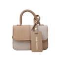 Beige and cream checkerboard patterned small handbag with trendy leather tag accessory - Khaki / Small