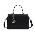 Black litchi pattern handbag with adjustable strap and silver swan charm decoration - Black