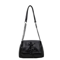 Black bow shoulder bag with silver eyelets and chain strap in sleek PU leather style - Black