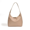 Minimalist beige matte leather crescent hobo bag with wide shoulder strap and zippers - Khaki