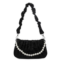 Bolso de hombro de terciopelo negro plisado con cadena de perlas grandes para mujer - Negro