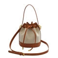 Contrast woven bucket bag with beige canvas and brown leather straps for summer - Burlap Style / Brown