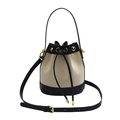 Contrast bucket bag in beige woven fabric and black leather with drawstring closure - Burlap Style / Black