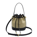 Women's woven bucket bag in beige straw with black leather trim and drawstring closure - Woven Style / Black