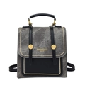 Vintage grey canvas and black leather backpack with gold rivets and lettering detail - Black