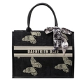 Borsa tote nera con ricamo a farfalla dorata e accessorio foulard sul manico chic - Grande / Nero