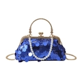 Piccola borsa a mano in paillettes blu reale con cornice dorata e manico di perle - Blu