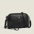 Women's black litchi pattern leather crossbody bag with double zippers and silver buckle - Black
