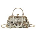 Borsa a tracolla chic 2024 con paillettes oro, manico di perle e catena in metallo - Oro