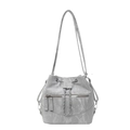 Modern grey drawstring bucket bag with silver chain straps and dual front zippers - Silver