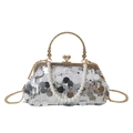 Mini borsa argento con paillettes con manico dorato e catena di perle per cerimonie - Argento