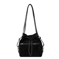 Chic black soft leather bucket bag with silver chain drawstring and dual shoulder straps - Black