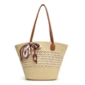 Beige gewebte Stroh-Shopper-Tasche mit braunen Lederriemen und gebundenem geblümtem Seidentuch - Beige