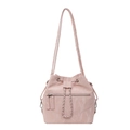 Pink bucket shoulder bag with pebble grain leather texture and chain drawstring closure - Pink