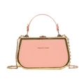 Pink minimalist handbag with gold metal trim and chain strap shown on white background - Pink