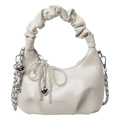 Elegante borsa hobo bianco sporco con manico a pieghe e ciondolo decorativo con fiocco di perle - Bianco